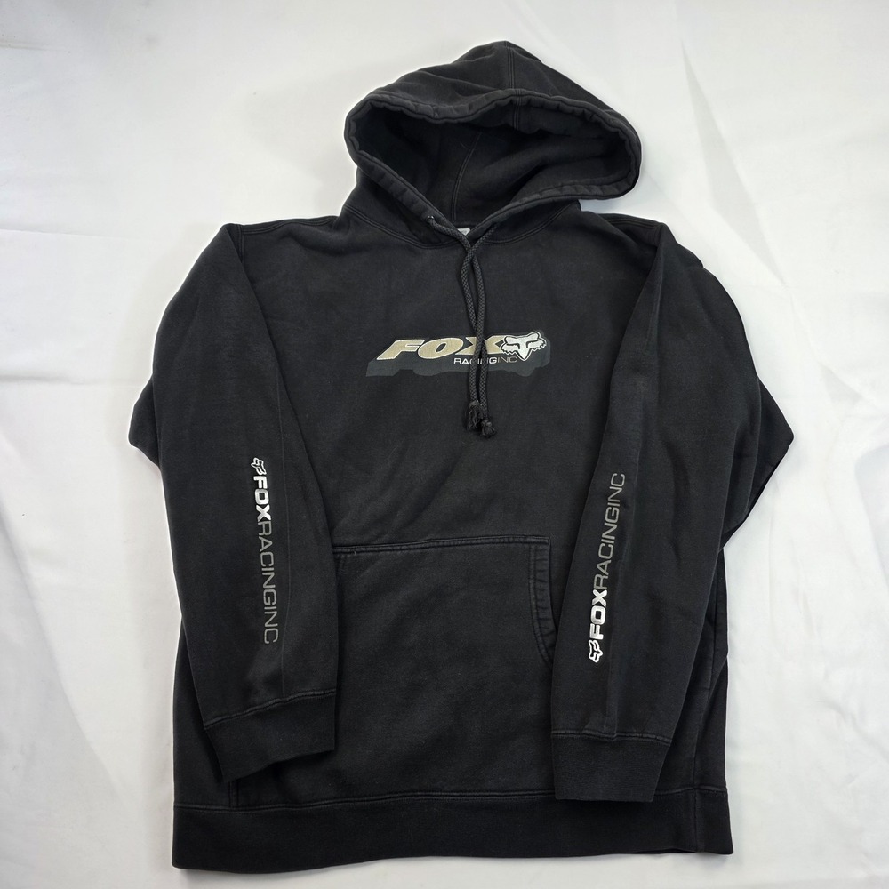 VTG Y2K Fox Racing Hoodie Mens Small Black Fleece Pullover Sleeve Logo Graphic